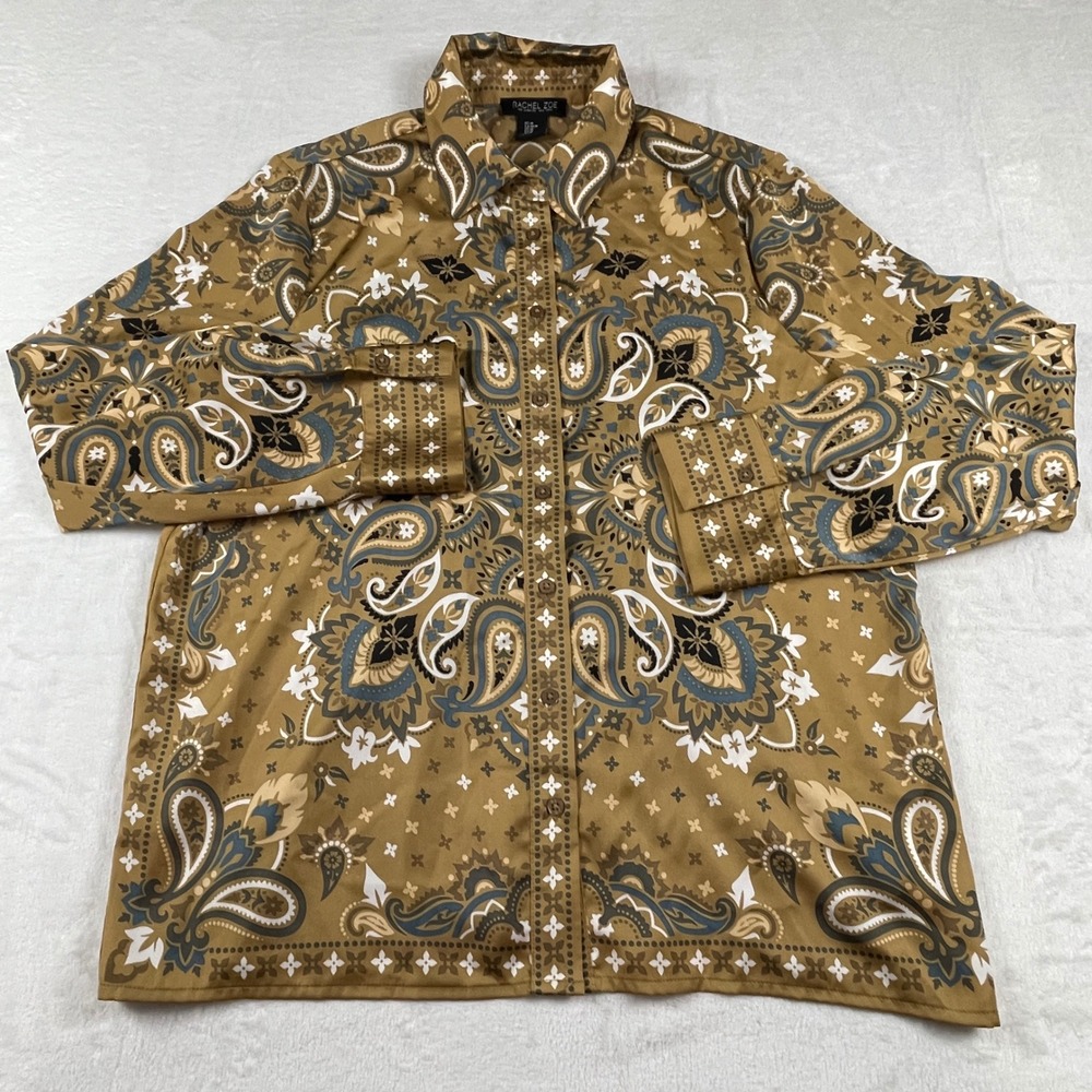 Rachel Zoe Womens Medium Gold Paisley Button Down Blouse Long Sleeve Satin Shirt
